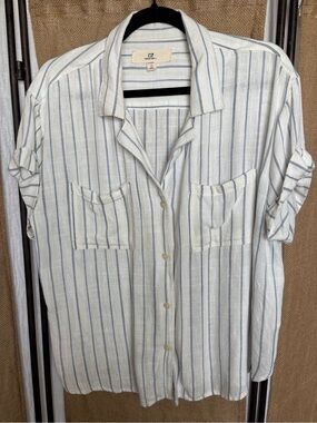 Thread & Supply Blue White Vertical Stripe Rayon Linen Button-Up Shirt XL